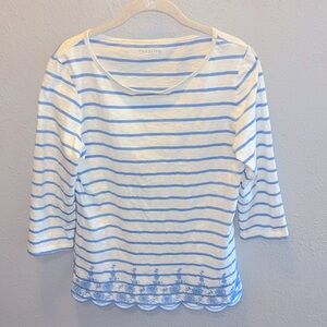 Talbots Blue Stripe Top Embroidered Floral Scallop Women’s Size Small